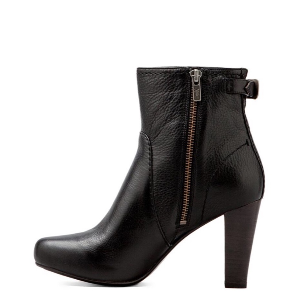 Frye Marissa Zip Short Grey/Taupe Leather Almond Toe Wood Heeled Ankle Booties - Picture 3 of 15